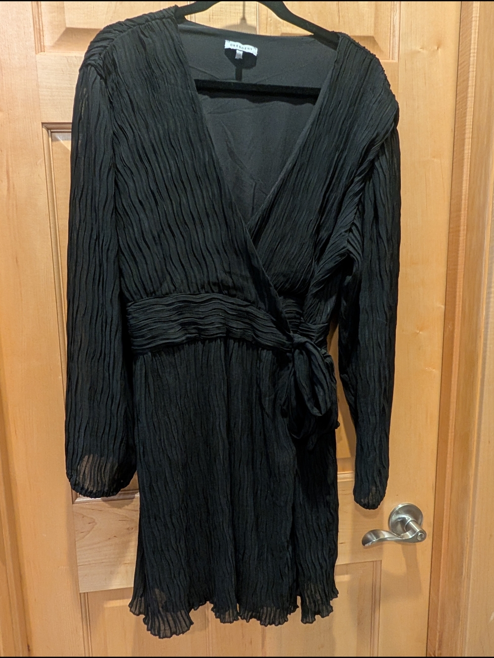 Crescent Black Crinkled Wrap-Style Long Sleeve Dress